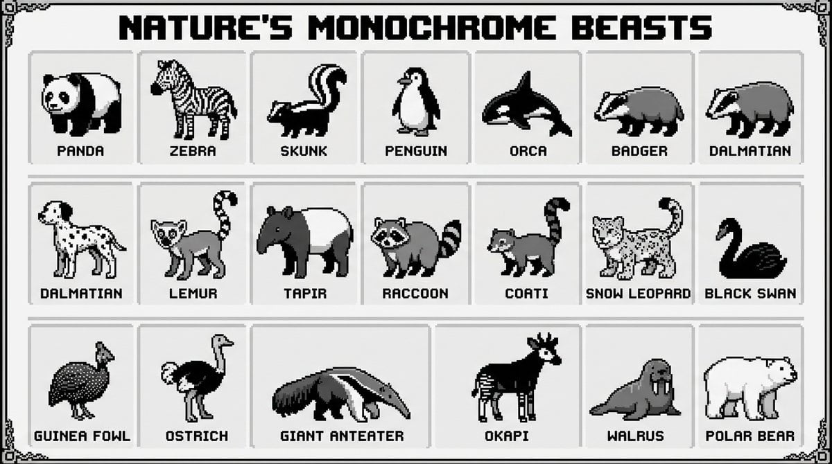 16-bit pixel art poster of black-and-white animals - AI Generated Landscape Style Image Example