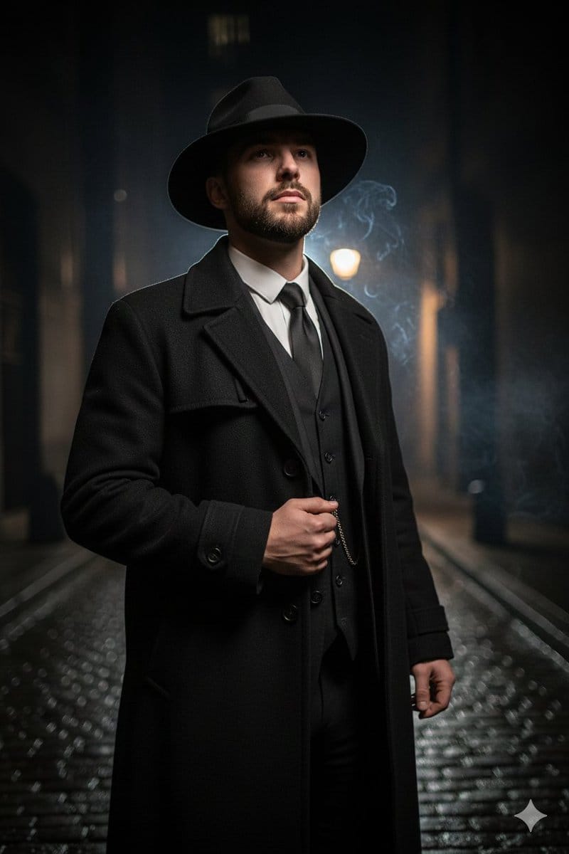 1920s Noir Gangster Portrait Prompt with Face Influence - AI Generated Character Style Image Example