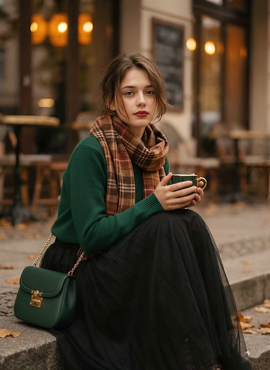 1970s Aesthetic Fashion Portrait with Coffee Cup - Prompt de IA