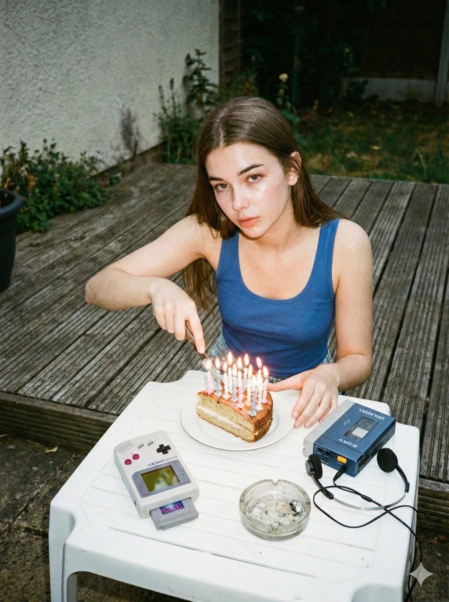 1980s Disposable Camera Birthday Portrait with Identity Lock - AIプロンプト