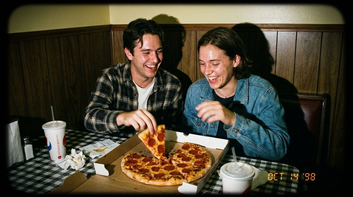 1998 Disposable Camera Photo of Friends in a Diner - Prompt IA