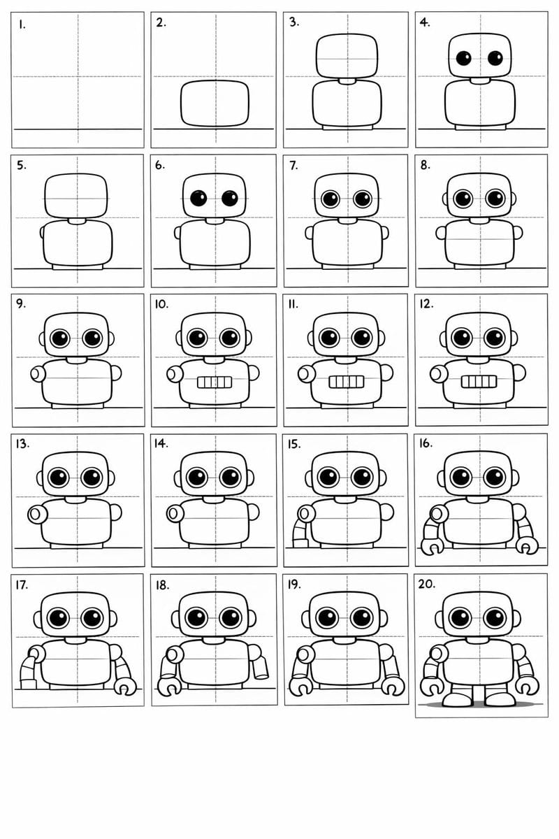 20-Panel Cartoon Robot Drawing Guide Prompt - AI Generated AI Art Style Image Example