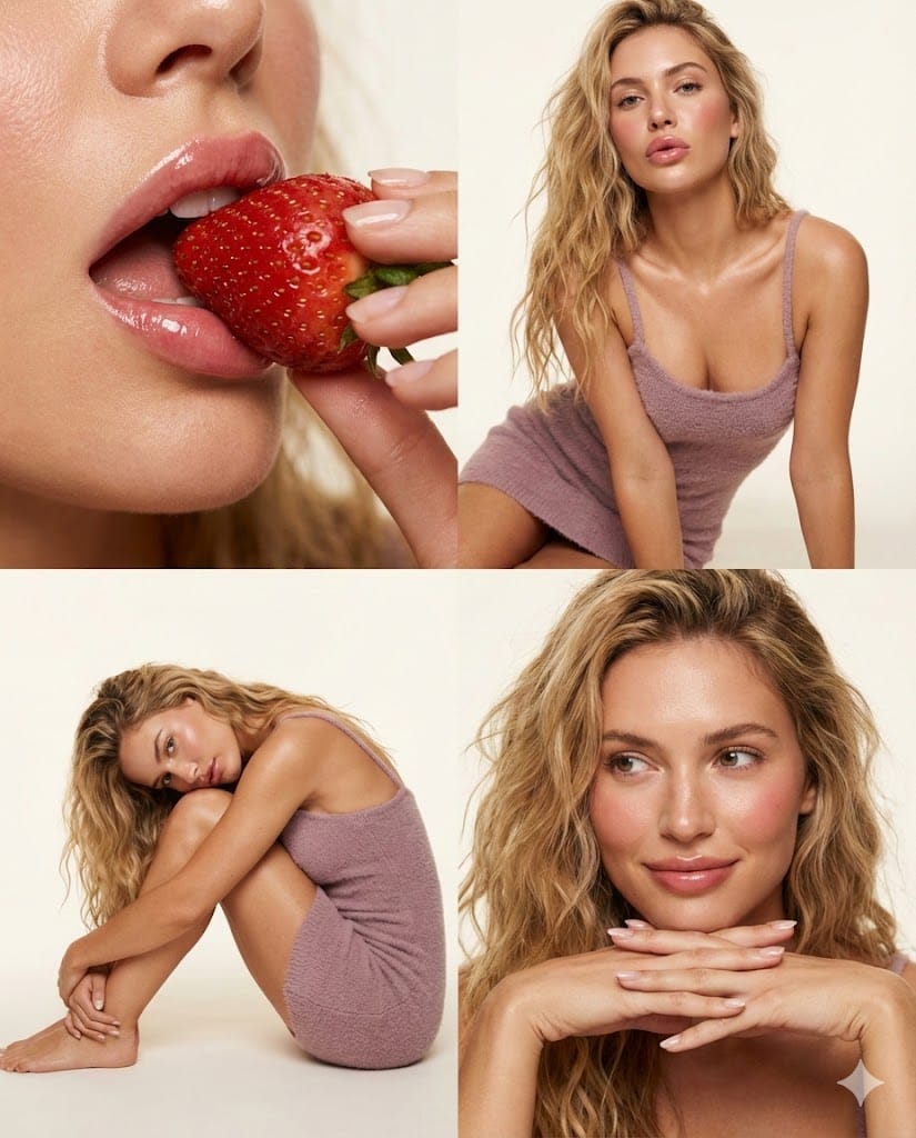 2x2 Beauty Editorial Collage with Macro and Full Body Shots - AI Prompt
