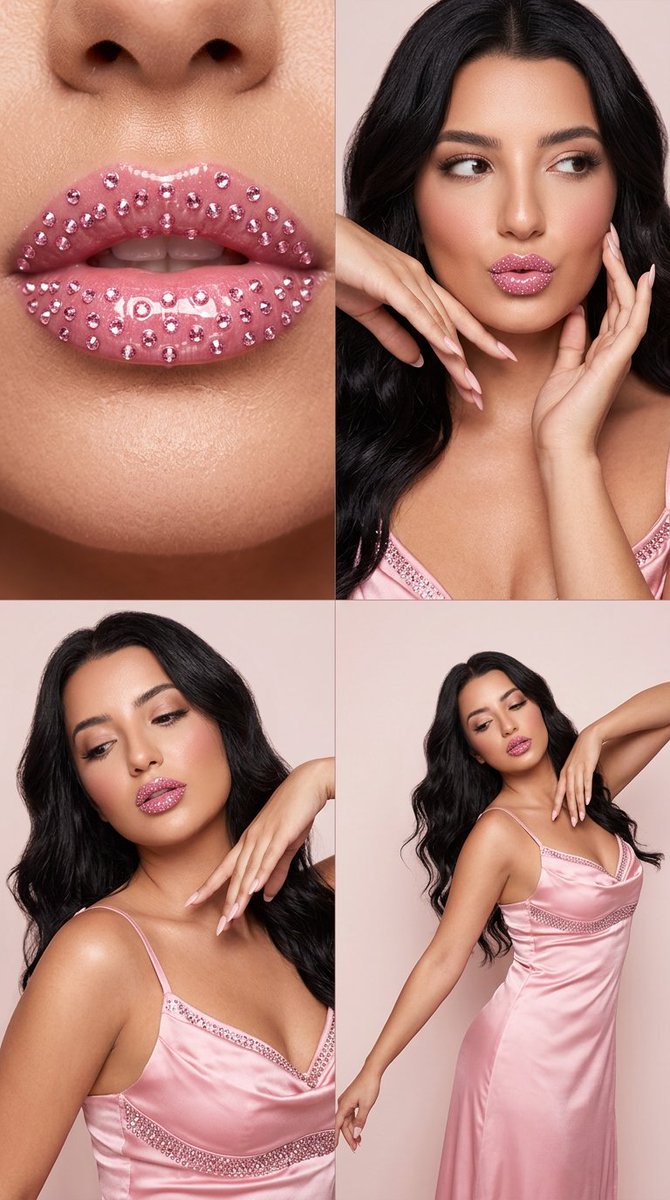 Preview image for 2x2 Editorial Grid: Pink Rhinestone Lips and Dance Fashion prompt