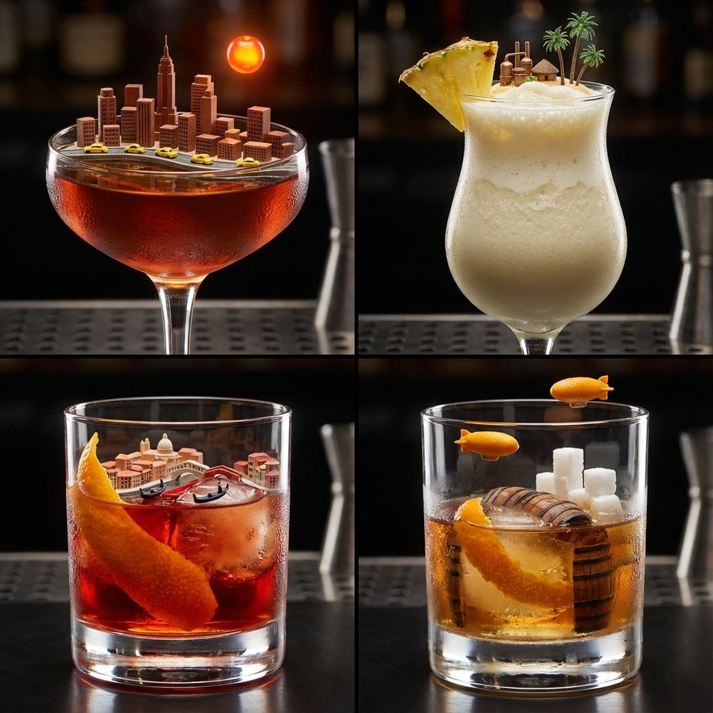 2x2 Grid of Cocktails as Tiny Living Cities - AI Prompt