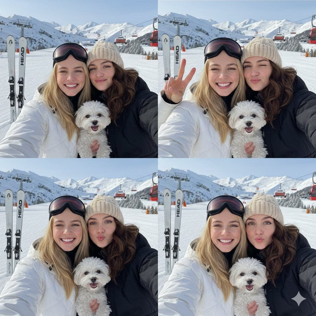 2x2 Winter Ski Selfie Collage with Dog - AI Generated Realistic Style Image Example