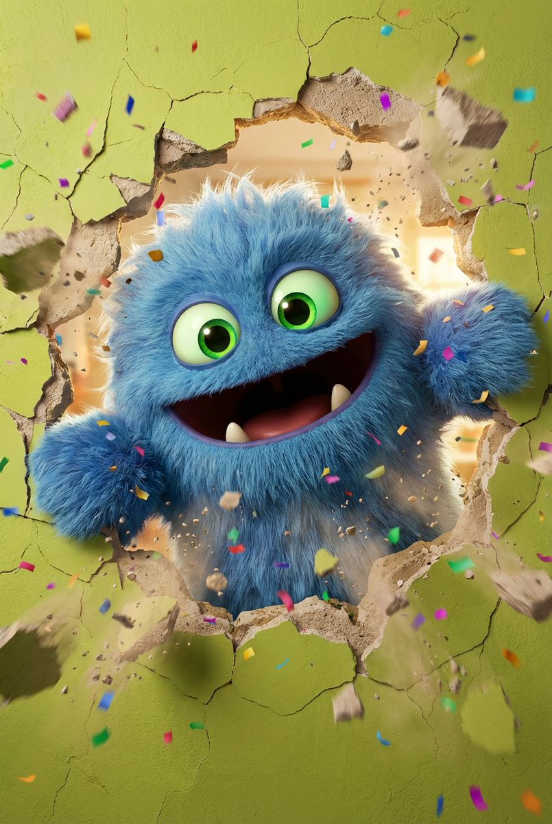 Preview image for 3D Fluffy Monster Bursting Through Wall prompt