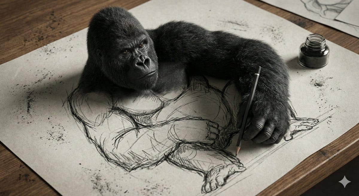 3D Gorilla Emerging from 2D Charcoal Sketch - AI提示词