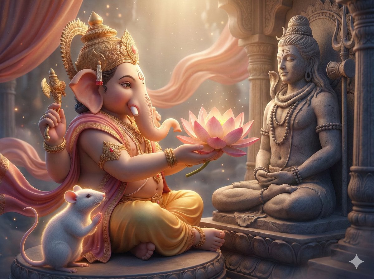 3D image generation prompt for God Ganesh worshipping God Mahadev - نص توجيهي للذكاء الاصطناعي