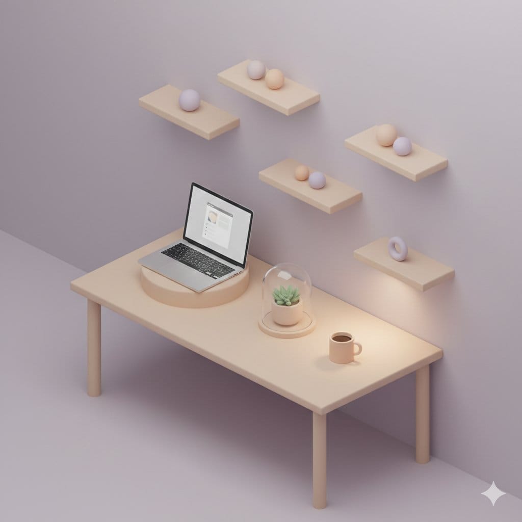 3D Isometric Floating Home Office Illustration - نص توجيهي للذكاء الاصطناعي