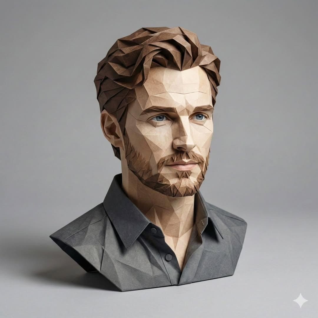 3D Paper-Craft Portrait with Low-Poly Aesthetic - AI Generated Character Style Image Example