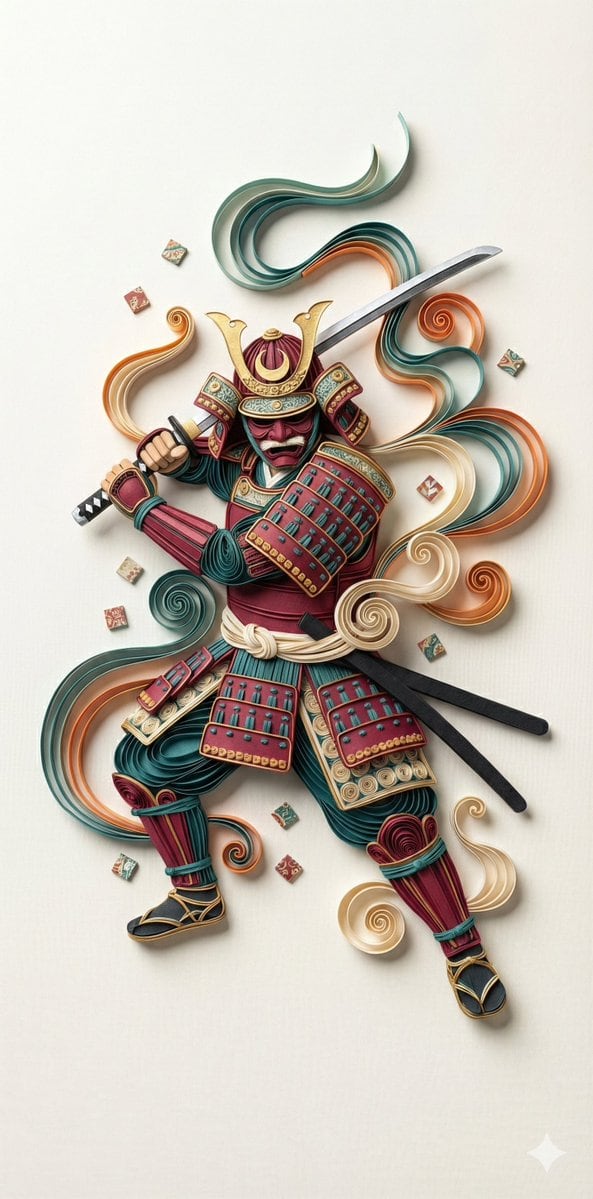 3D Paper Quilling Art: Samurai Warrior - نص توجيهي للذكاء الاصطناعي