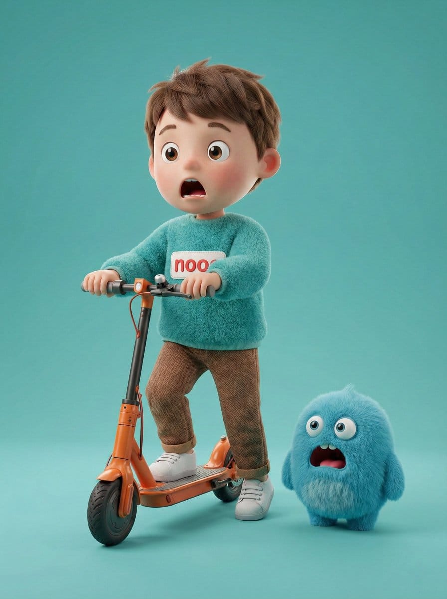 3D Render of Boy and Furry Monster on Scooter - AI提示詞