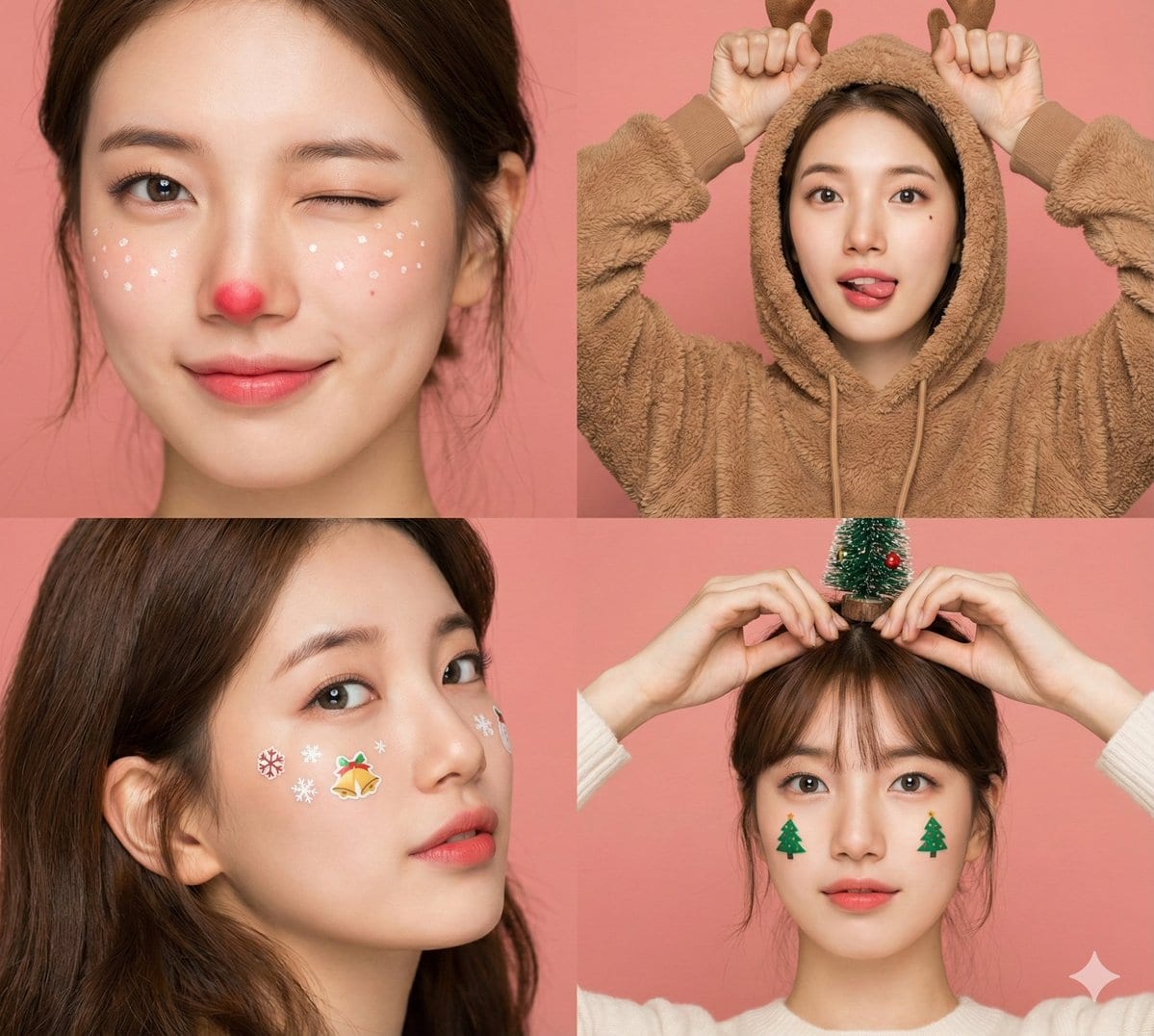 4-Panel Christmas Beauty Blogger Portrait in Peach Background - Prompt IA