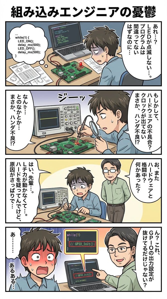 4-panel comic about embedded engineer struggles - AI Generated AI Art Style Image Example