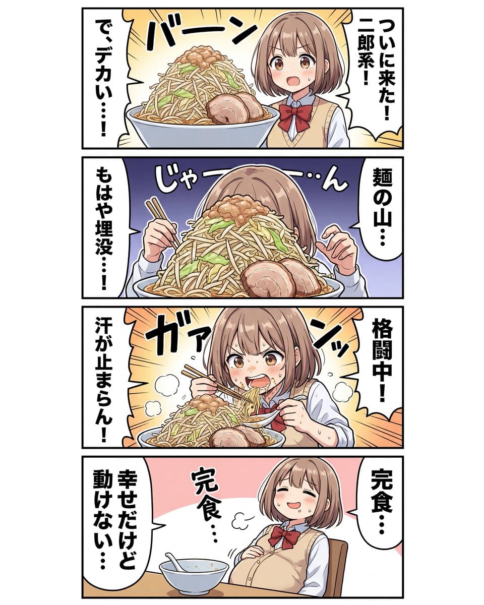 4-panel Japanese gag manga about Nanami eating ramen - AI Generated AI Art Style Image