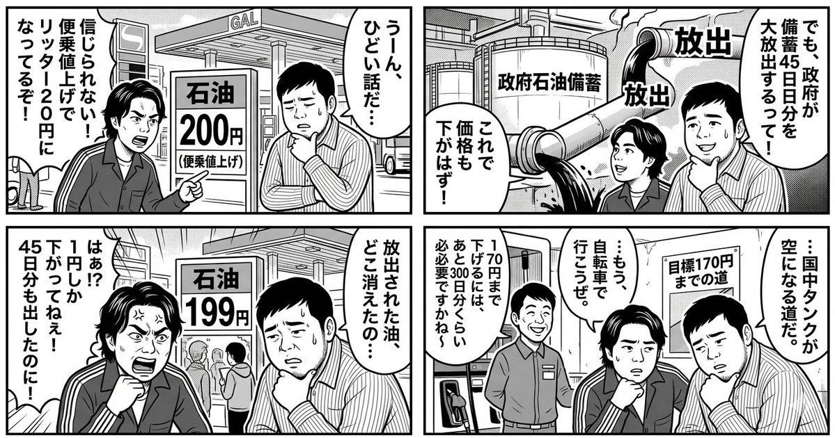 Preview image for 4-Panel Manga: The Long Road to 170 Yen Gasoline Price prompt