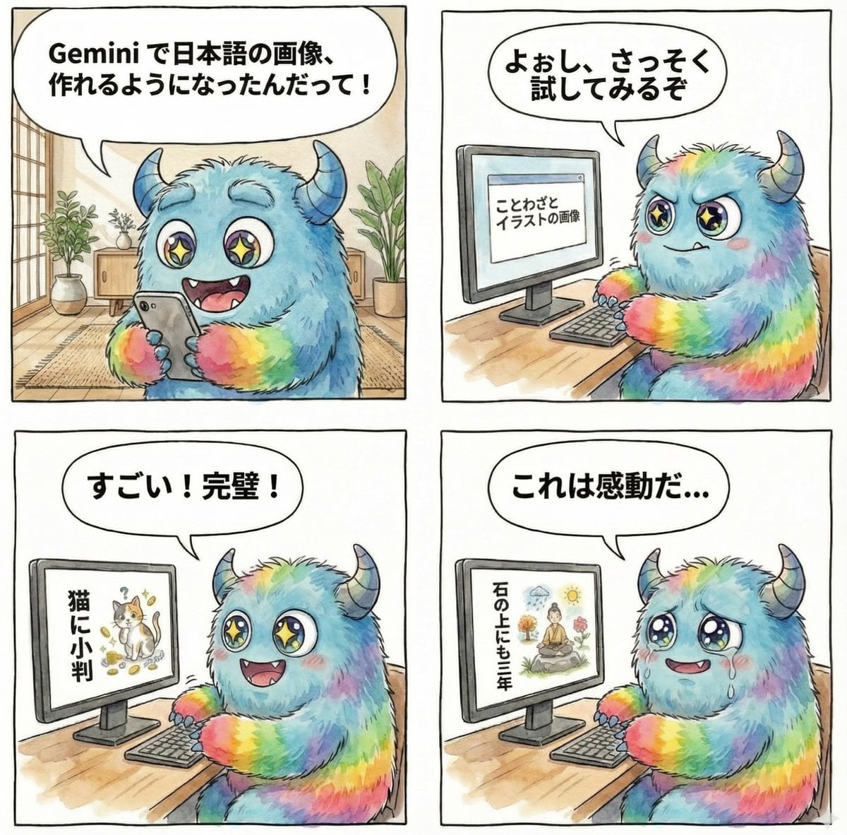 4-panel manga about Gemini generating Japanese text images - AI Generated Character Style Image Example