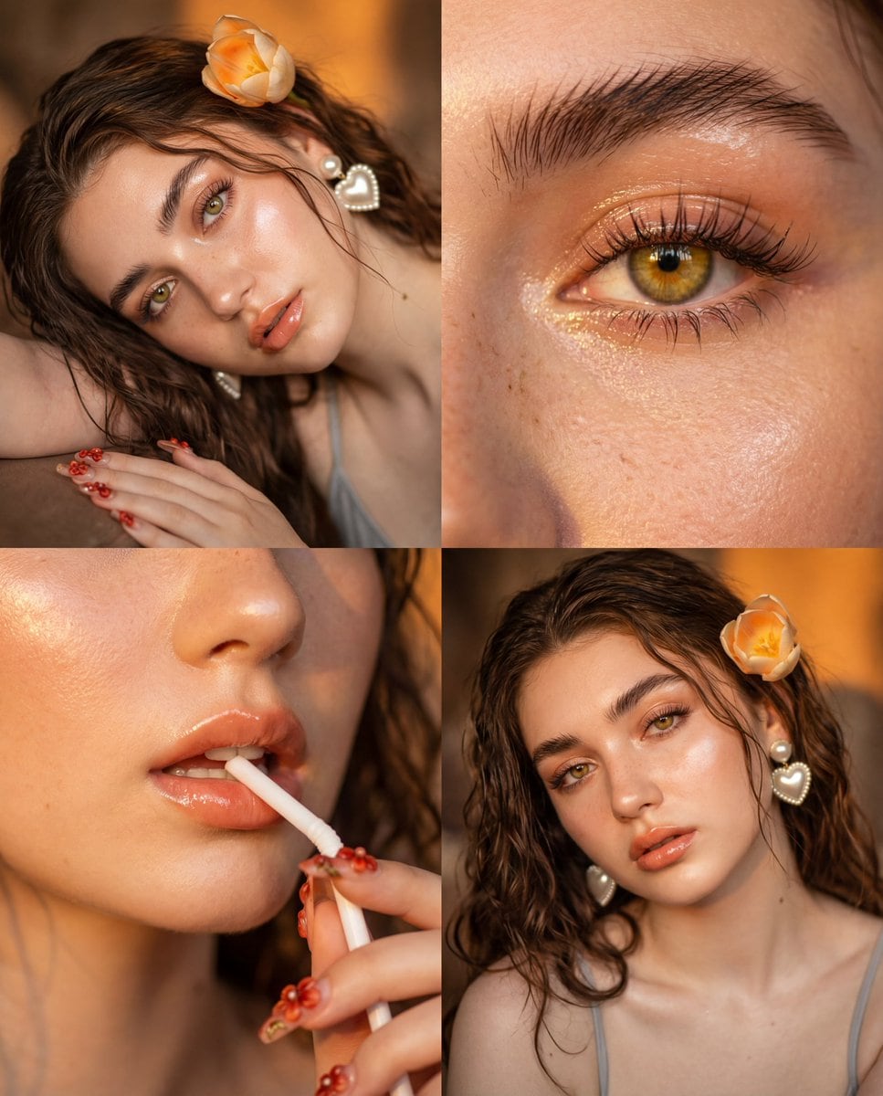 4-Panel Vintage Film Portrait Grid with Glass Skin - AI 프롬프트