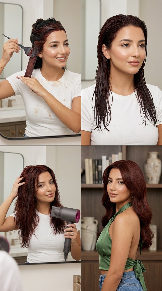 Preview image for 4-Step Deep Auburn Hair Dye Transformation Grid Prompt for Nano Banana 2 prompt