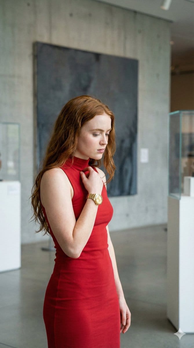 4K Candid Portrait of Sadie Sink in Red Dress Prompt - AI 프롬프트