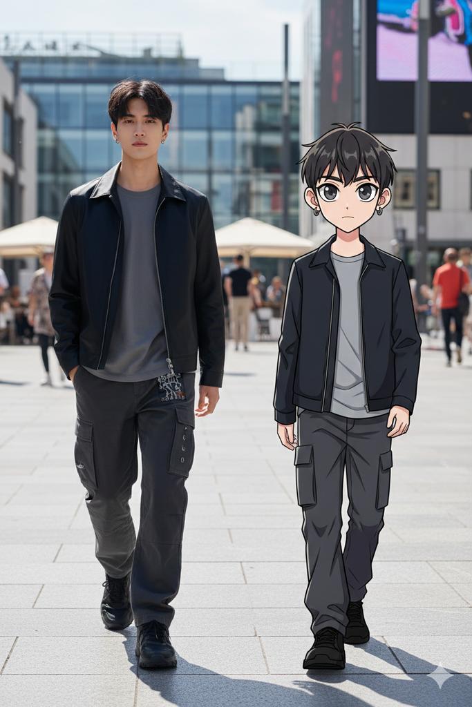 64K Street Candid with Cartoon Twin and Custom Branding - AI 프롬프트