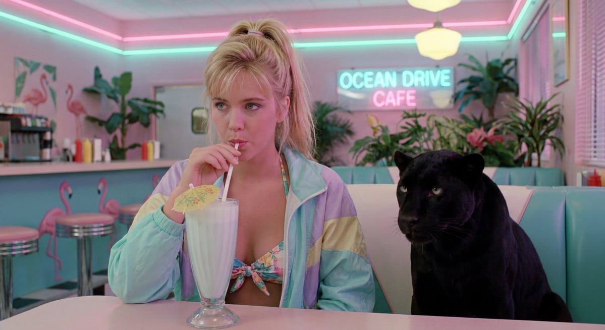 80s Miami diner bikini selfie with panther - AI Generated Pixel art Style Image Example
