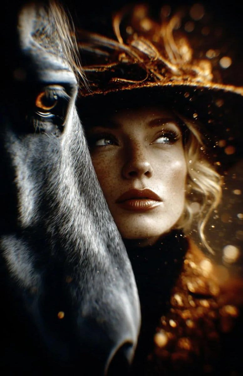 8K Cinematic Fantasy Portrait of Woman and Horse - AI 프롬프트