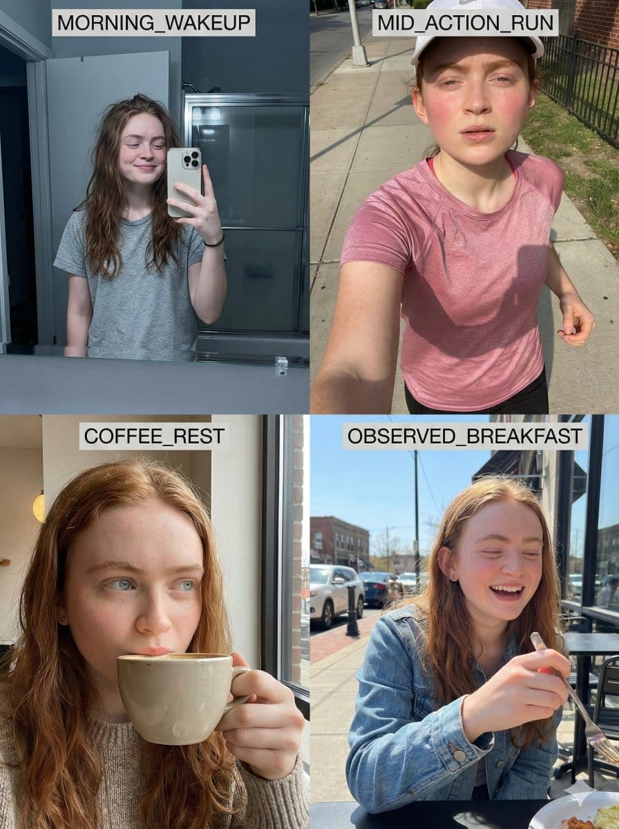 8K RAW Consistent Identity Daily Routine Grid (Sadie Sink) - KI-Prompt