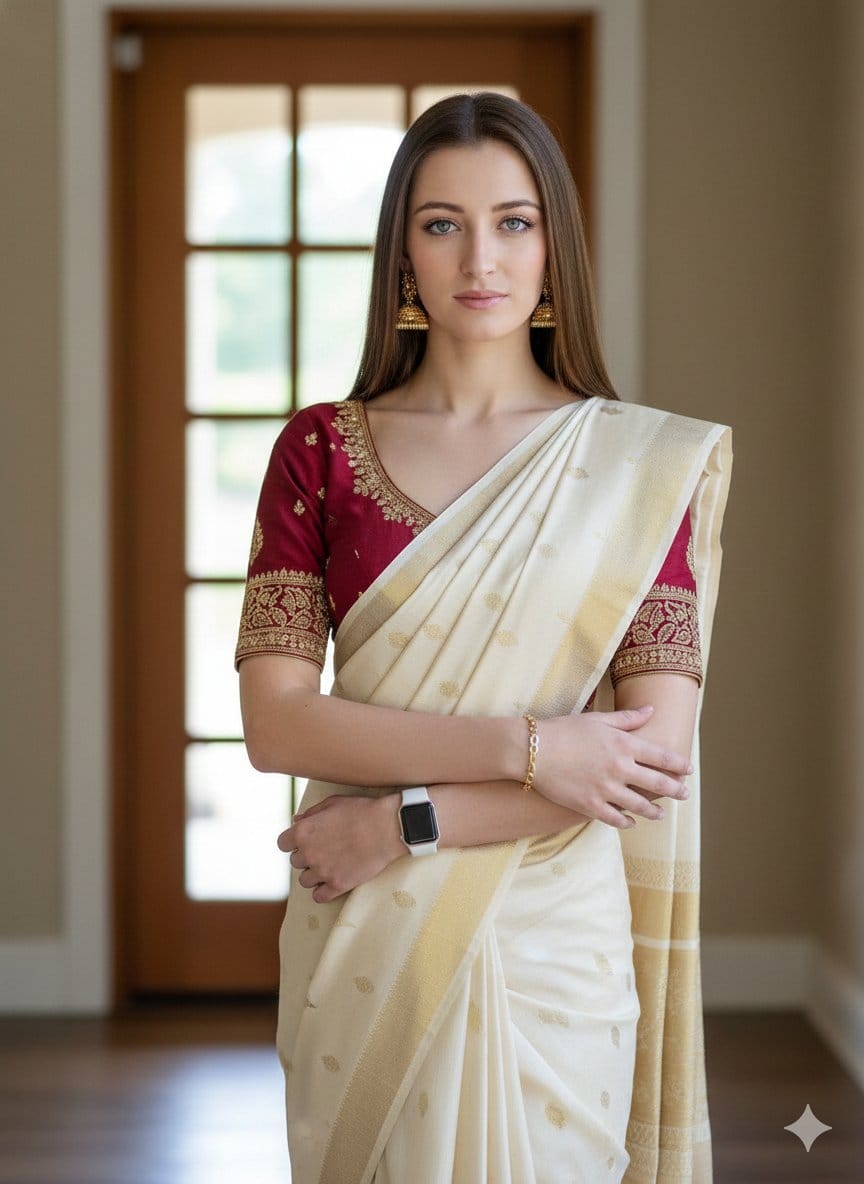 8K RAW Portrait of Woman in Saree with Apple Watch - KI-Prompt