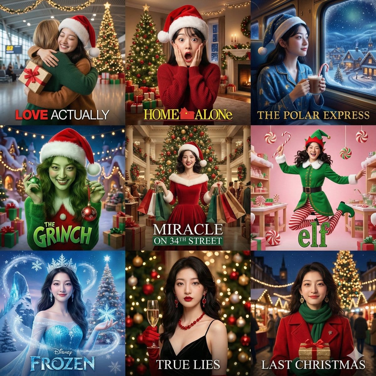 9-Panel Christmas Movie Scene Collage Prompt - Prompt IA
