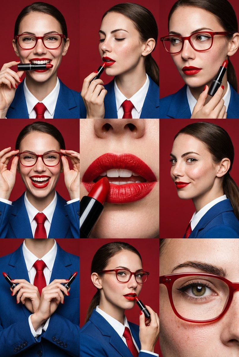 Preview image for 9-Panel Editorial Beauty Grid for Lipstick Commercial prompt