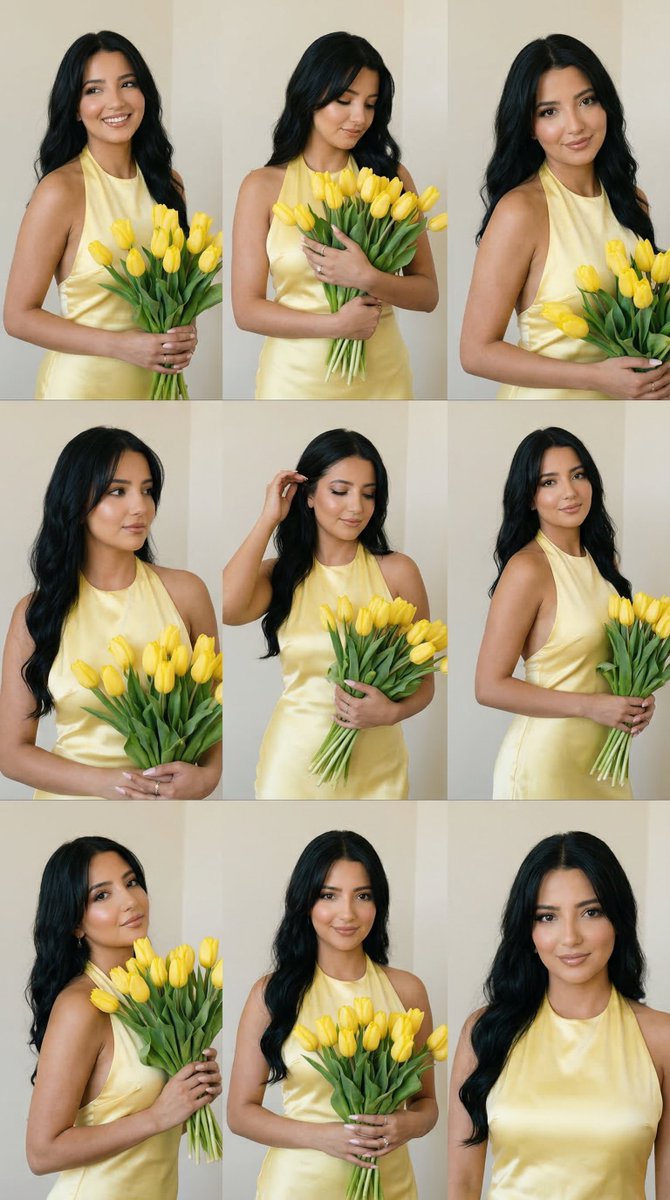 Preview image for 9-Panel Editorial Grid Prompt for Yellow Satin Halter Dress prompt