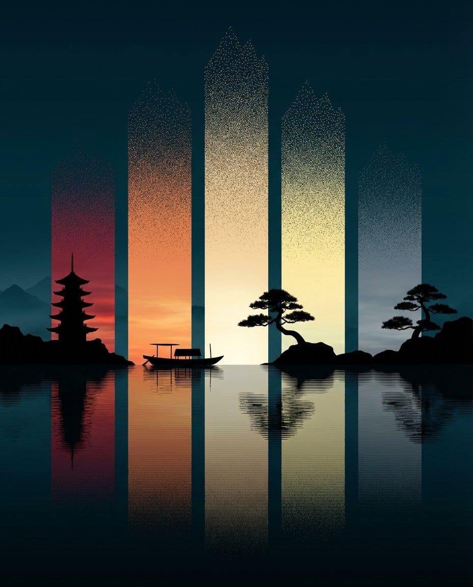 Abstract Eastern Zen Landscape with Time-Slice Lighting - Prompt de IA
