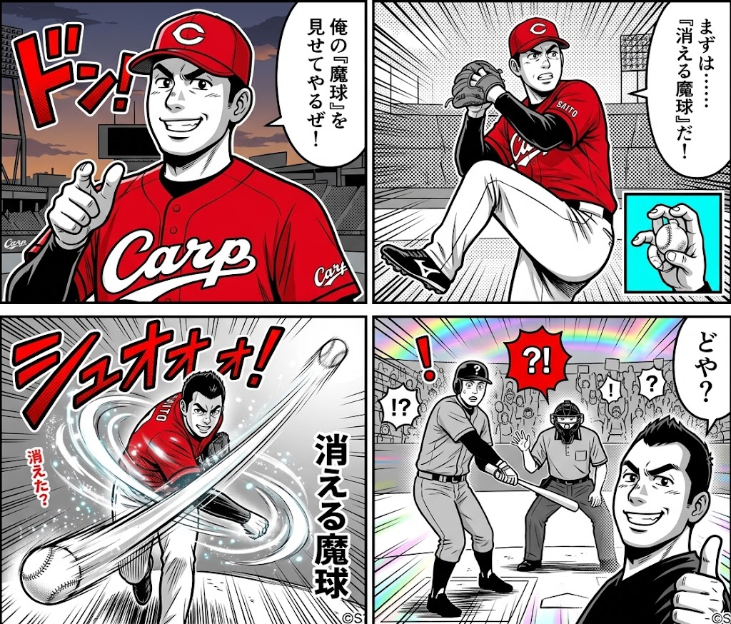 Preview image for AI-generated 4-panel manga: The Vanishing Magic Ball prompt