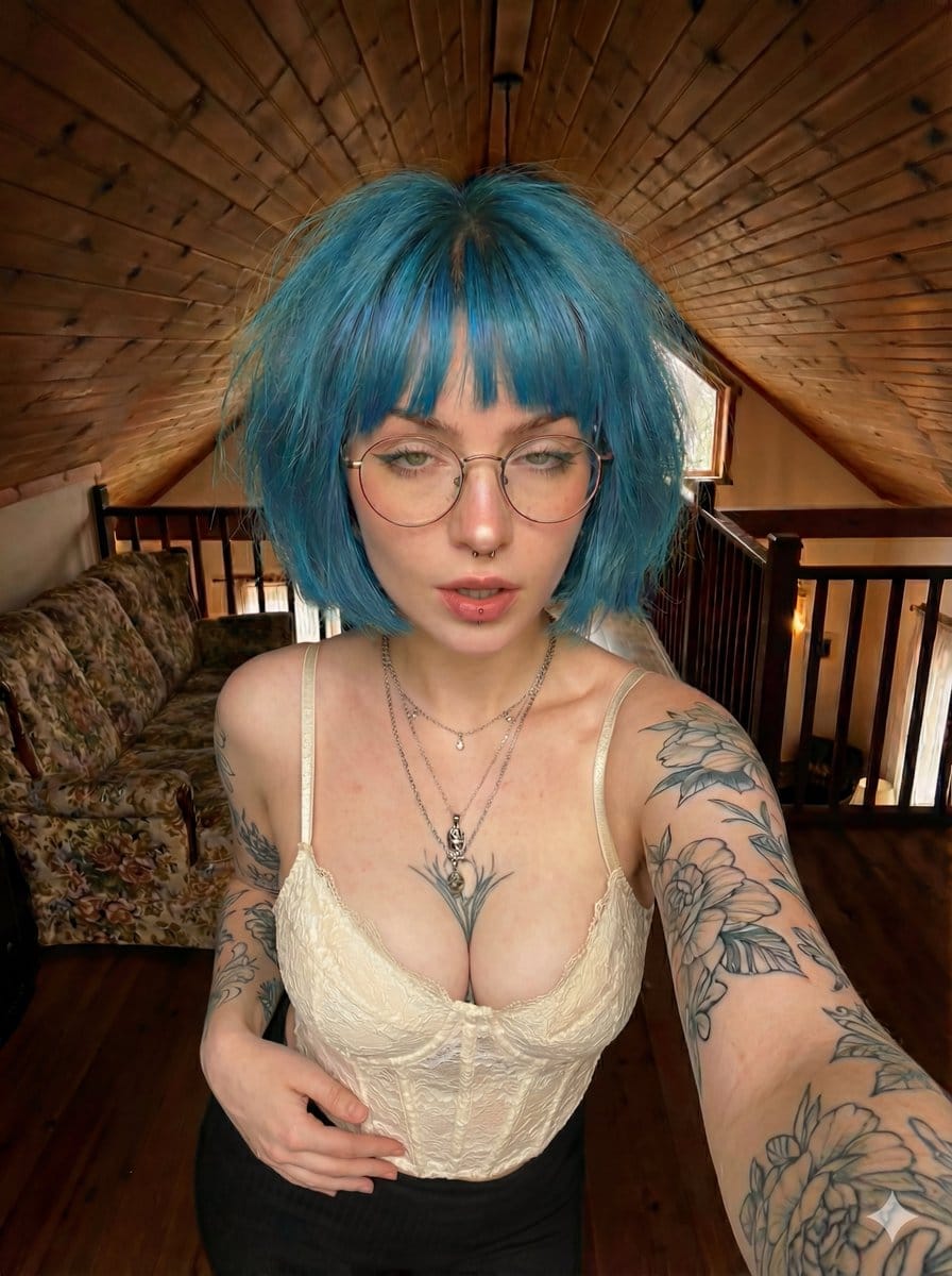 Alternative Selfie Portrait with Blue Hair and Tattoos