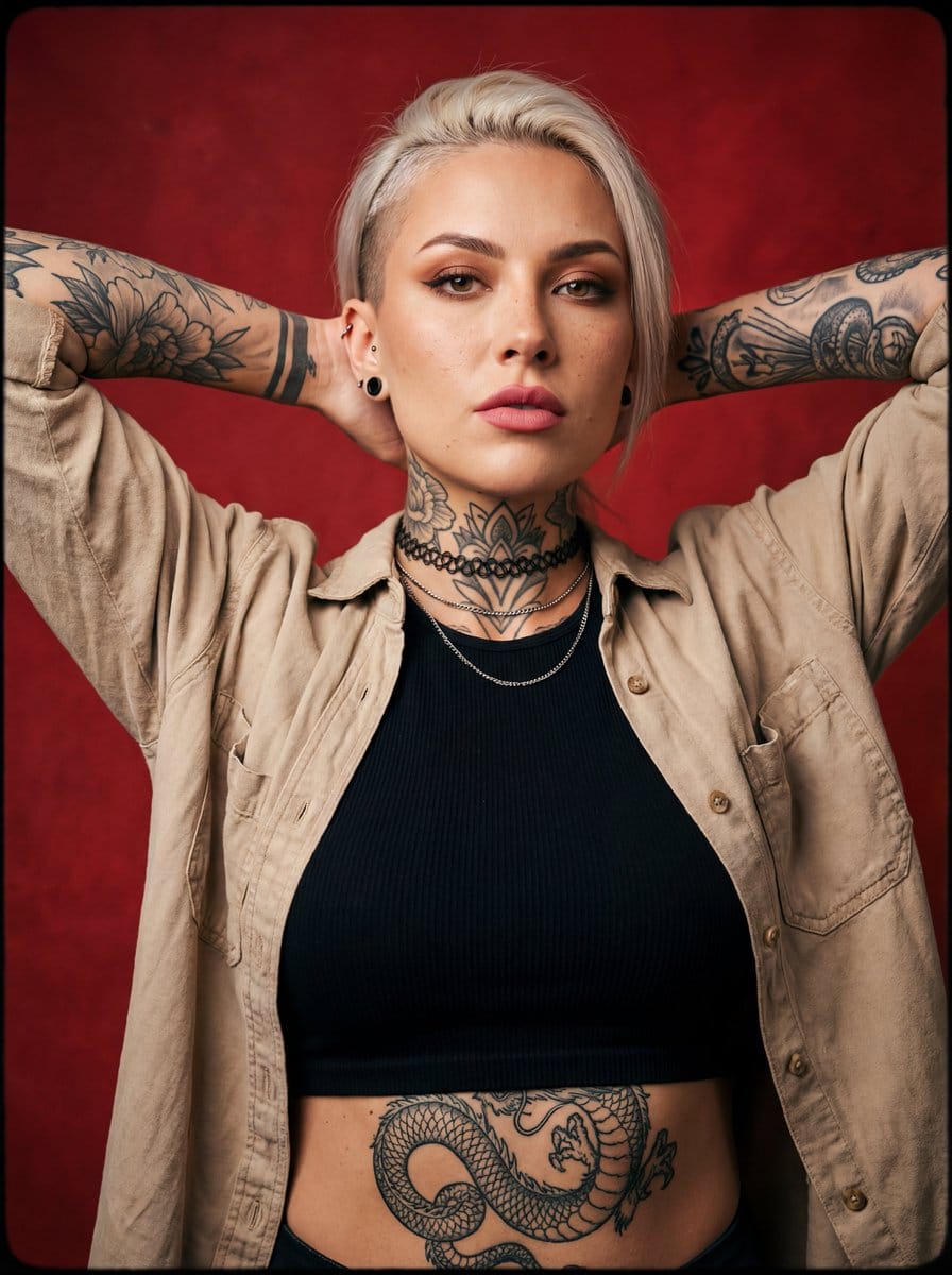 Alternative tattooed woman studio portrait - Prompt IA