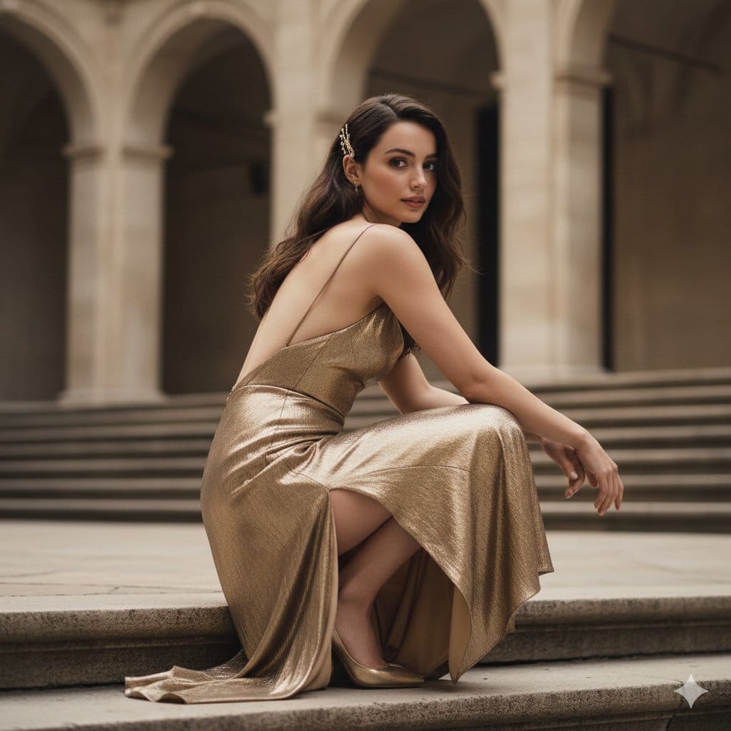 Ana de Armas Golden Gown Courtyard Portrait - AI 프롬프트