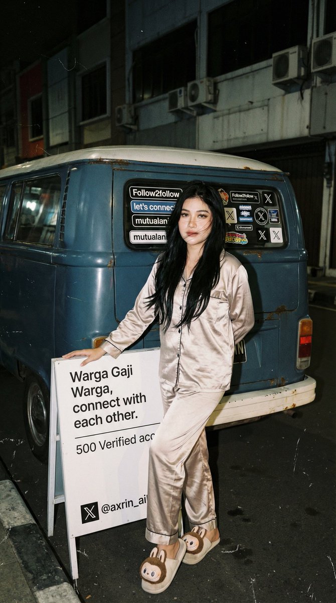 Preview image for Analog 35mm Flash Photo of Woman by VW Combi Van at Night prompt