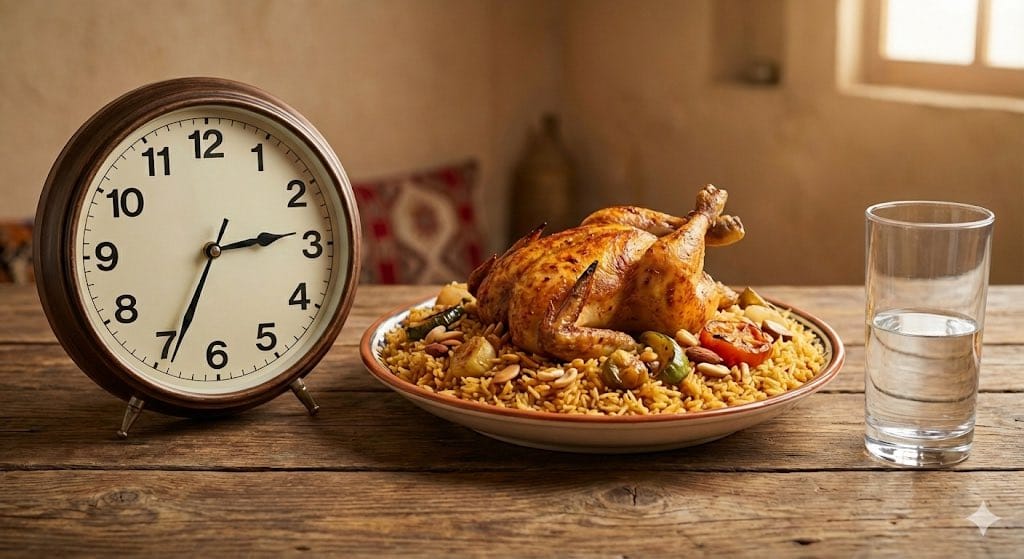 Analog clock and Saudi kabsa meal still life - AI Generated AI Art Style Image Example