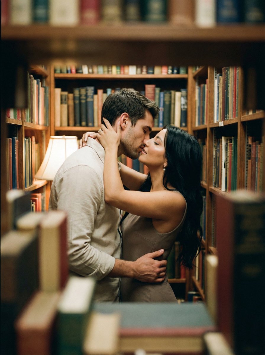 Preview image for Analog Film Kiss in a Bookstore Aisle prompt