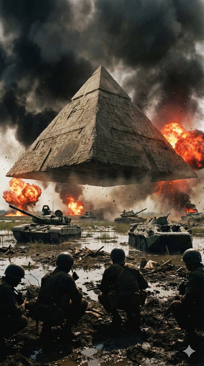 Ancient Pyramid Floating Over a Modern Battlefield - AI提示词