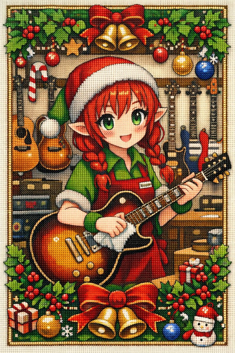 Anime Christmas Elf Cross-Stitch - AI Generated Anime Style Image Example