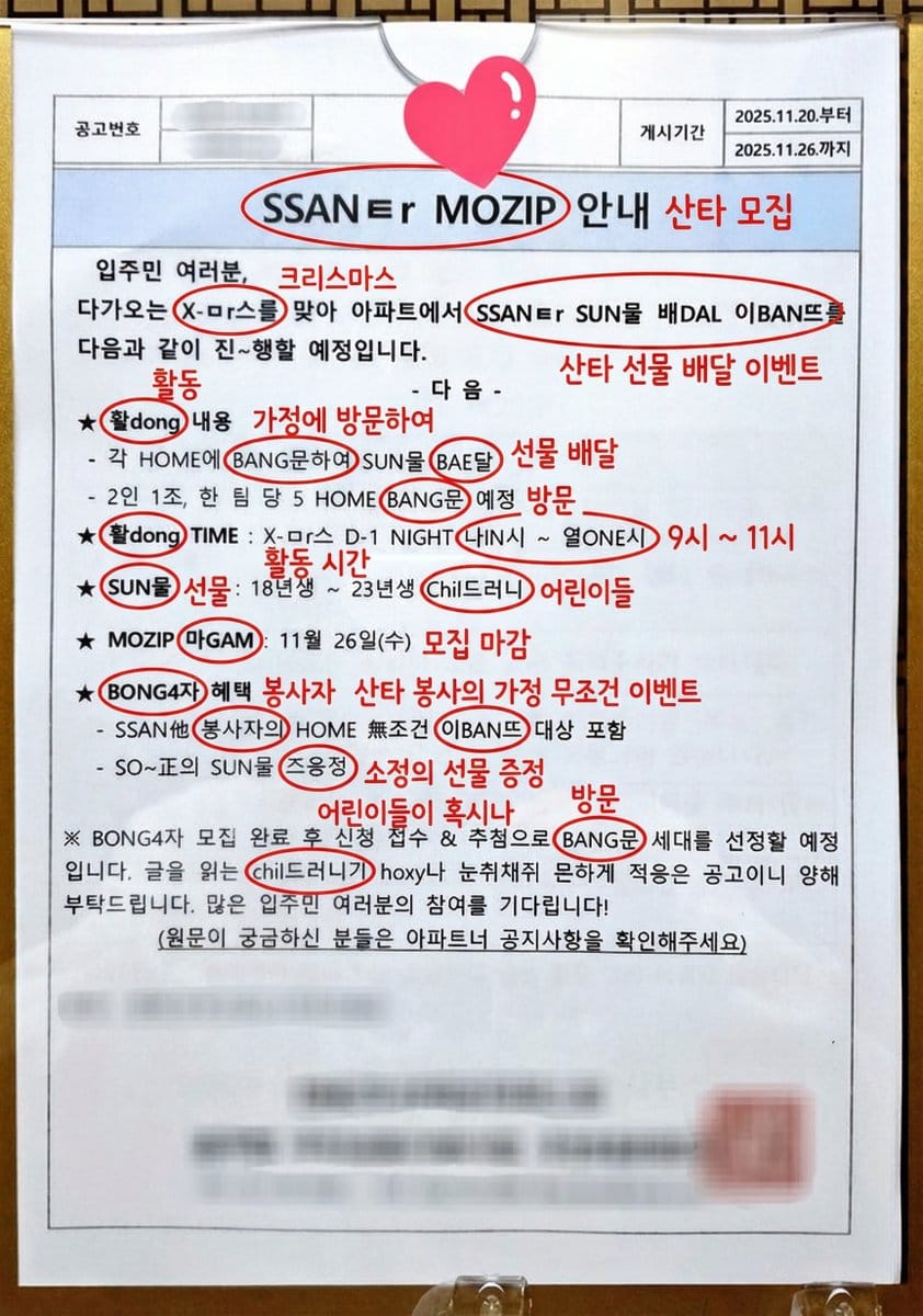 Annotated decoding of a cryptic Santa notice - AI Generated Character Style Image Example