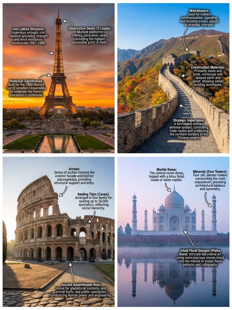 Annotated landmark images of Eiffel Tower, Great Wall, Colosseum, Taj Mahal - AI Generated Realistic Style Image Example
