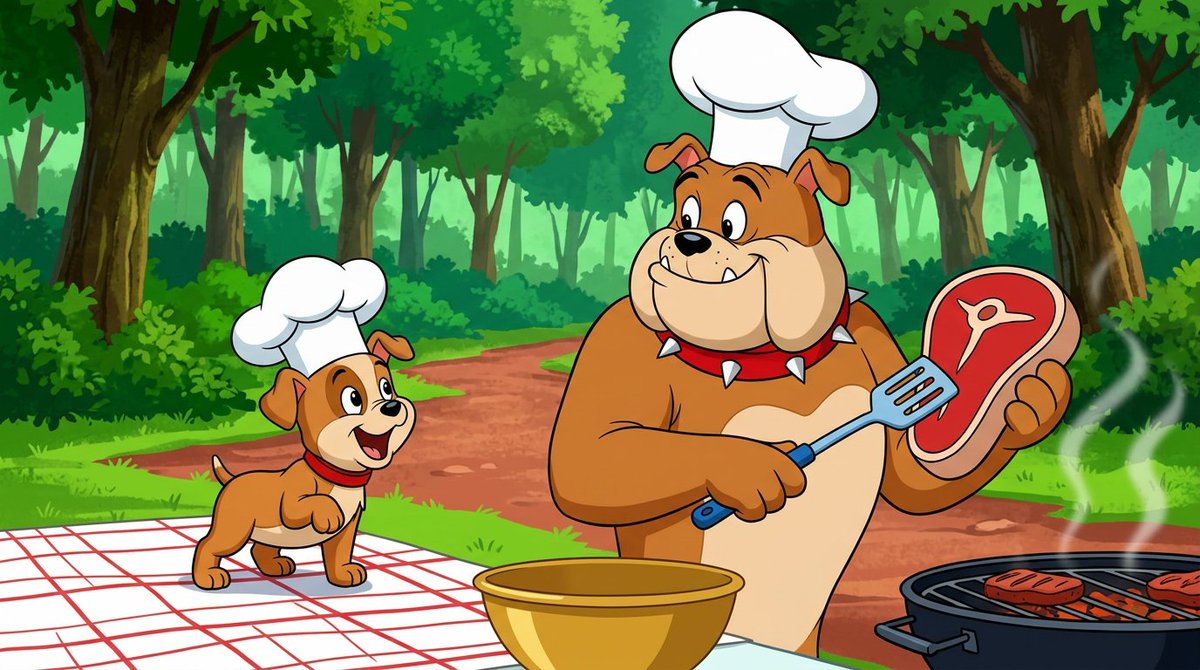 Anthropomorphic Bulldog Barbecue Scene (Classic Cartoon Style) - AI Art AI Generated Artwork