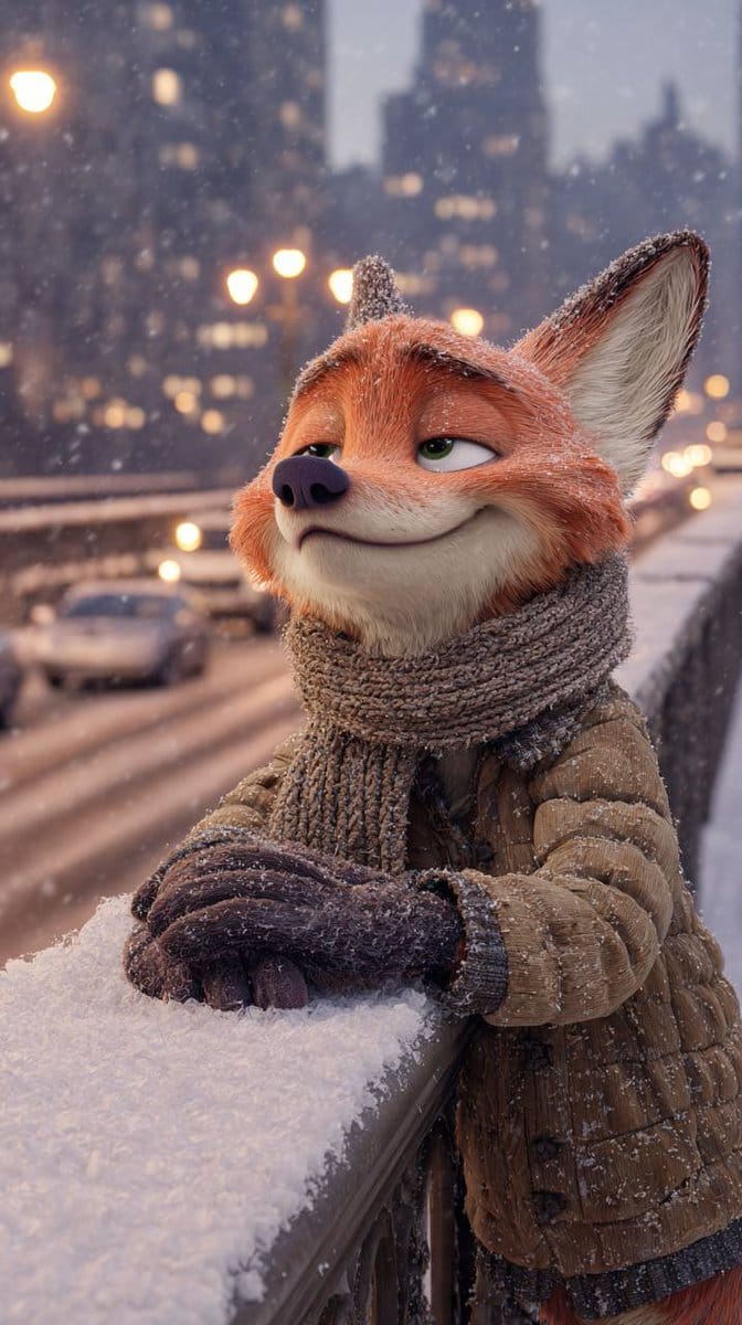 Anthropomorphic Fox in a Winter City - AI Generated Realistic Style Image Example