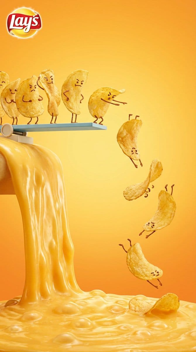 Anthropomorphic Potato Chips Diving into Cheese Sauce - AI 프롬프트