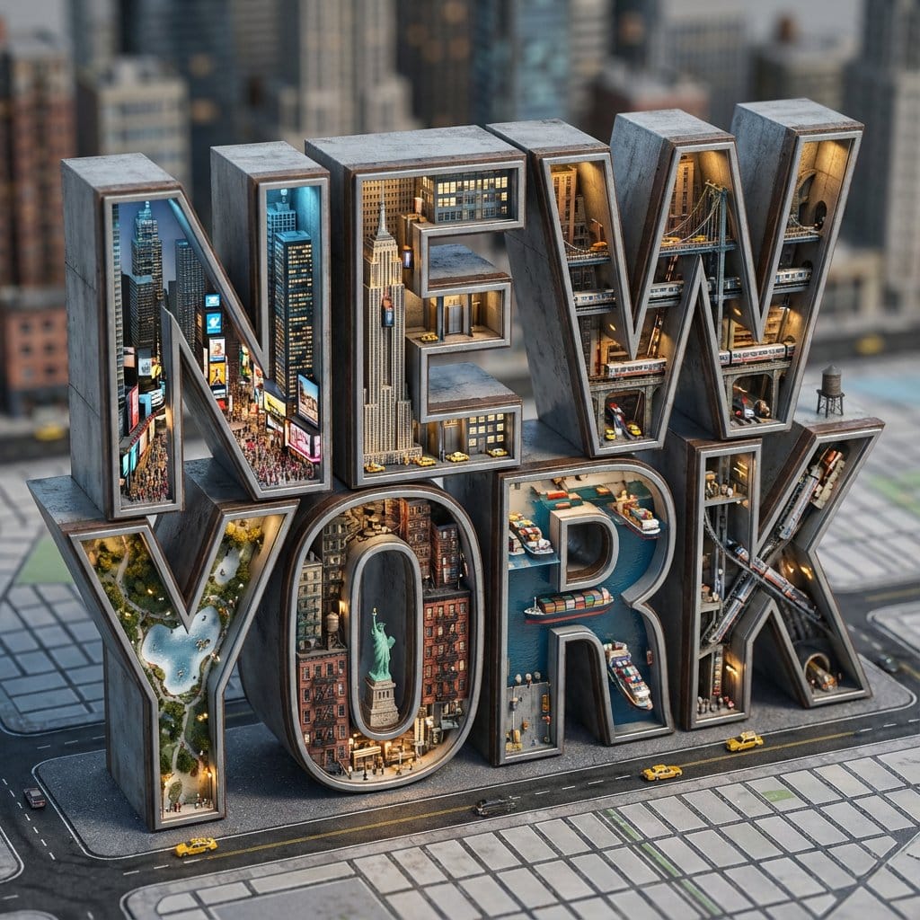 Architectural Typography Micro-World Render Prompt (New York) - نص توجيهي للذكاء الاصطناعي