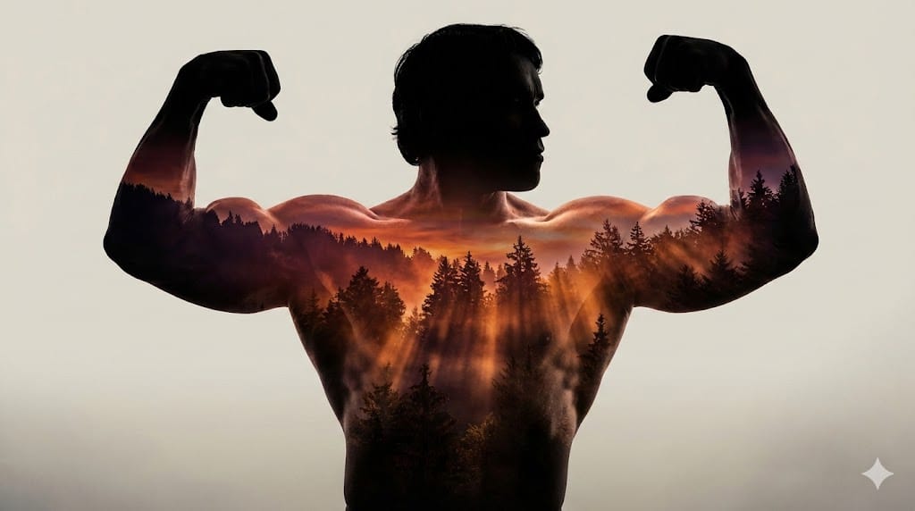 Arnold Schwarzenegger Silhouette with Volumetric Mountain Forest - Prompt de IA